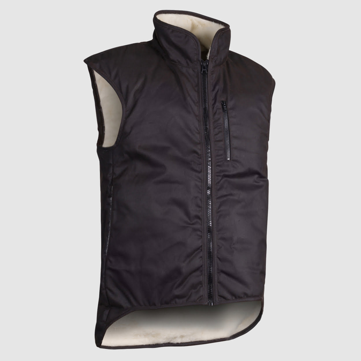 Oilskin Wax Brown Shearling Vest; NZ Made Quality | Styx Mill